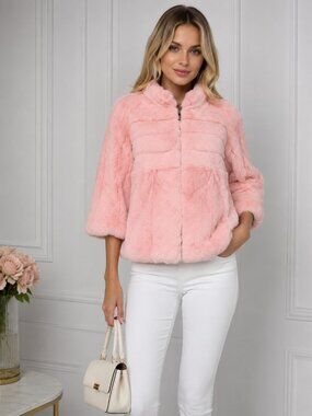 Genuine Rabbit Fur Jacket Women's XXS Blush Pink 3/4 Sleeve Zip Luxury Coat